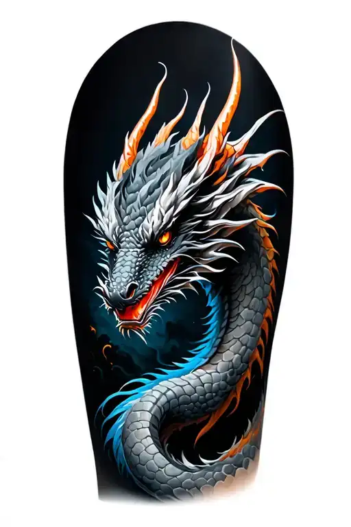 full sleeve black and gray dragon with color accent tattoo design idea