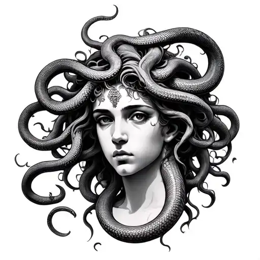 medusa greek mythology looking straight with detailed snake hair.  tattoo design idea