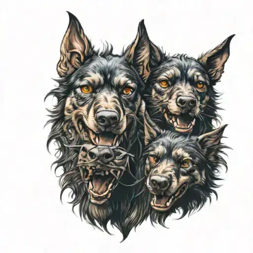 the hellhound with three heads and body, cute  tattoo design idea