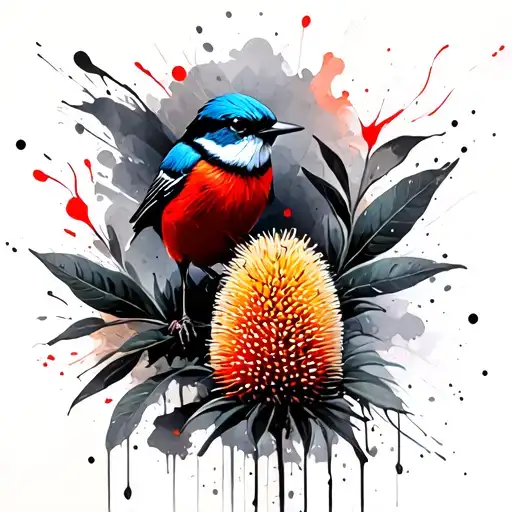 Blue Fairy wren on banksia tattoo design idea