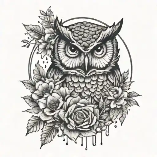 owl, rain, sun, flowers, pine cones forming a sleeve tattoo design idea