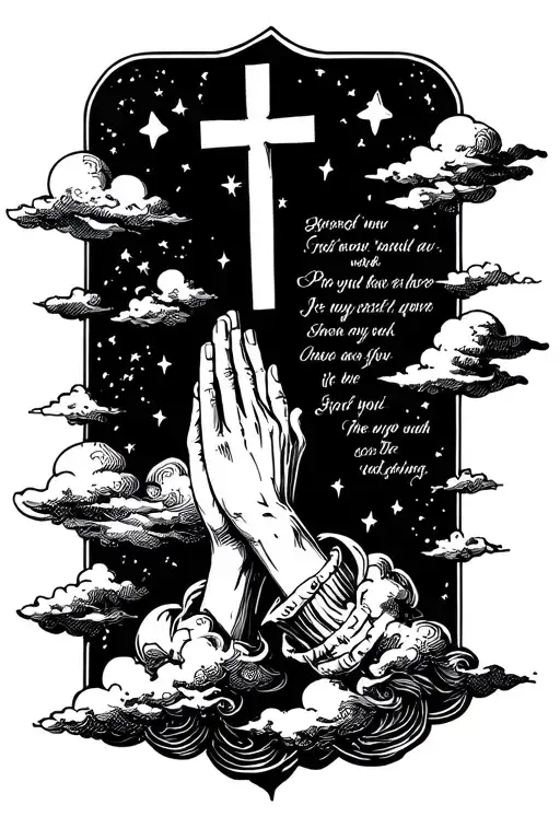 poem in cursive with praying hands with a cross and some stars and clouds filled in around the background  tattoo design idea
