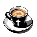 espresso cup and saucer with cross on the front view tattoo design idea