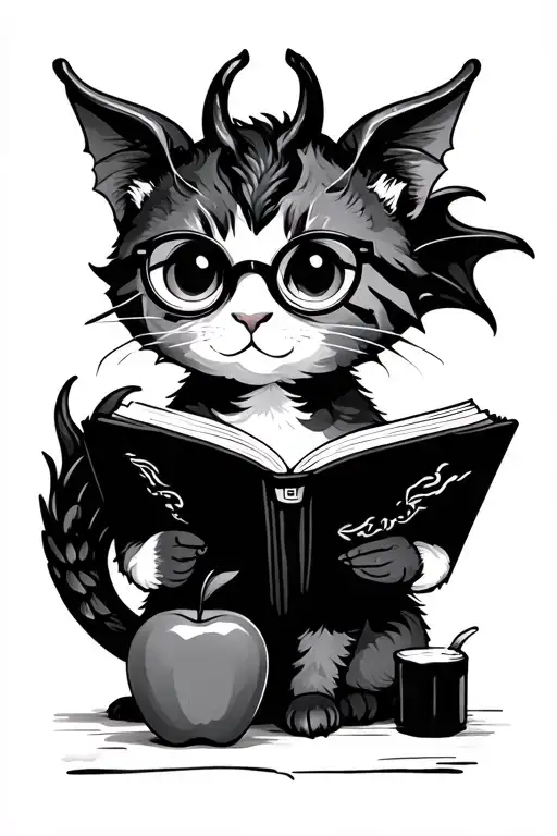 cute minimalist cat with dragon wings and glasses reading a book near an apple  tattoo design idea