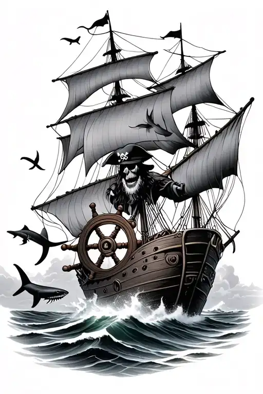 pirate holding ships wheel in lifhtening storm and sharks tattoo design idea