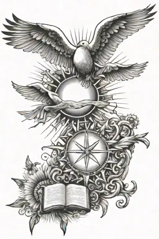 For my upper arm: A sun with sunbeams and doves and a Bible verse and in the background of everything should be clouds tattoo design idea