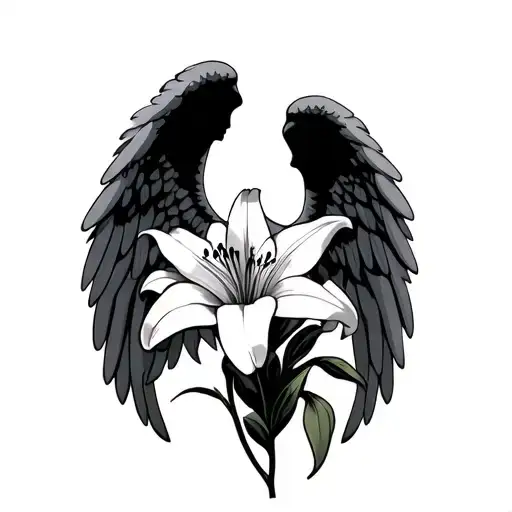 Lily flower and Gabriel the angel wings tattoo design idea