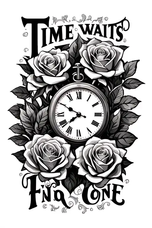 "Time waits for no one" money roses with clock face tattoo design idea