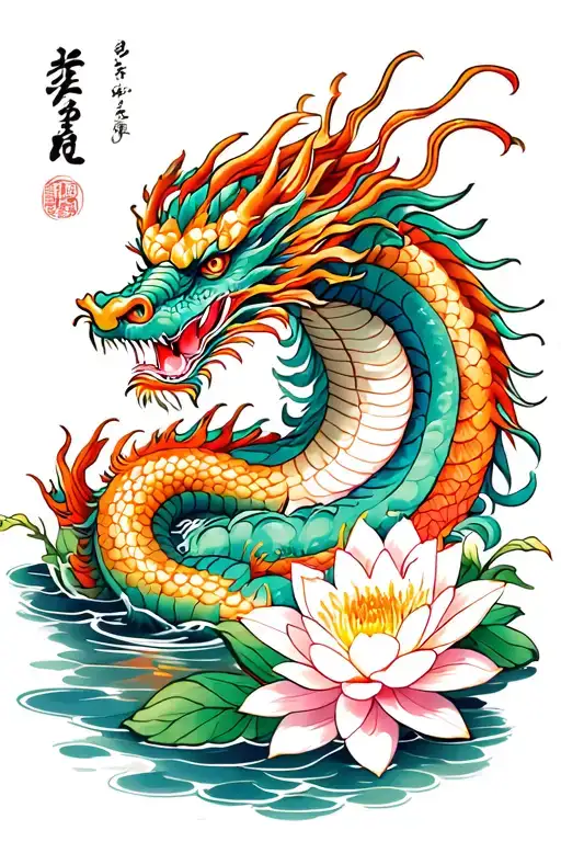 japanese dragon and water lilies blooming along tattoo design idea