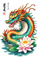 japanese dragon and water lilies blooming along tattoo design idea