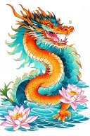 japanese dragon and water lilies blooming along tattoo design idea