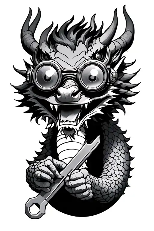 chinese dragon wearing steampunk goggles, holding a wrench tattoo design idea
