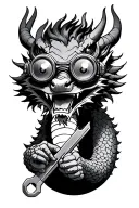 chinese dragon wearing steampunk goggles, holding a wrench tattoo design idea