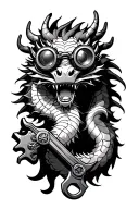 chinese dragon wearing steampunk goggles, holding a wrench tattoo design idea