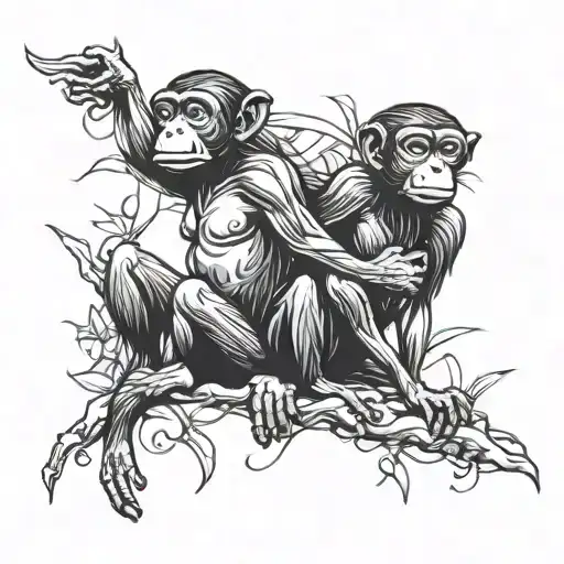 Two little Bonobos in tribal tattoo form a ying and yong. Fine line. Lovers. Smiling. Male and female. Inverted. Black tattoo design idea