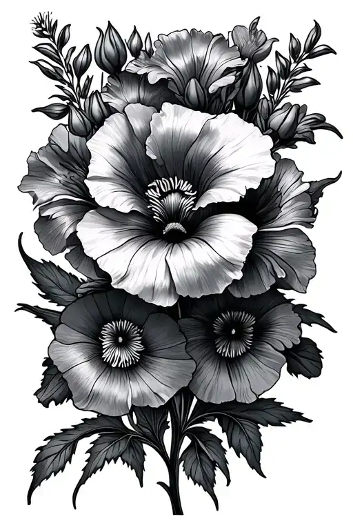 fine line delphinium morning glory poppy and an iris tattoo tattoo design idea