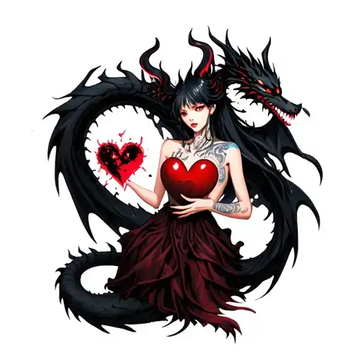 tattooed anime demon spirit woman holding a shattered heart with a heart shaped black dragon surround tattoo design idea