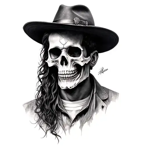 A man with hat skull and half face of human tattoo design idea