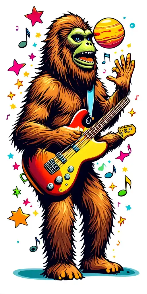 Bigfoot and alien high five, music notes, stars and planets, bass guitar, cartoon, colorful background tattoo design idea