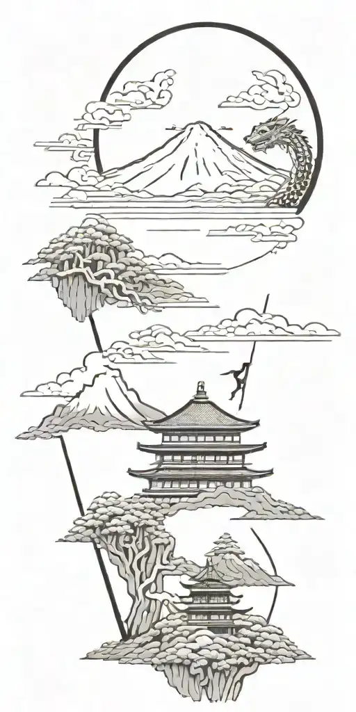 japanese landscape with pagodas with mount fuji on background and a dragon in the sky tattoo design idea