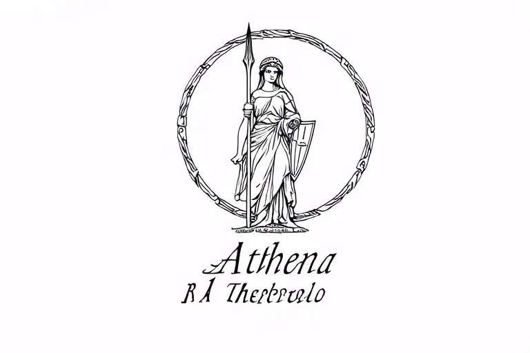 The ancient Greek goddess Athena with a spear and shield (and below Athena's inscription) tattoo design idea
