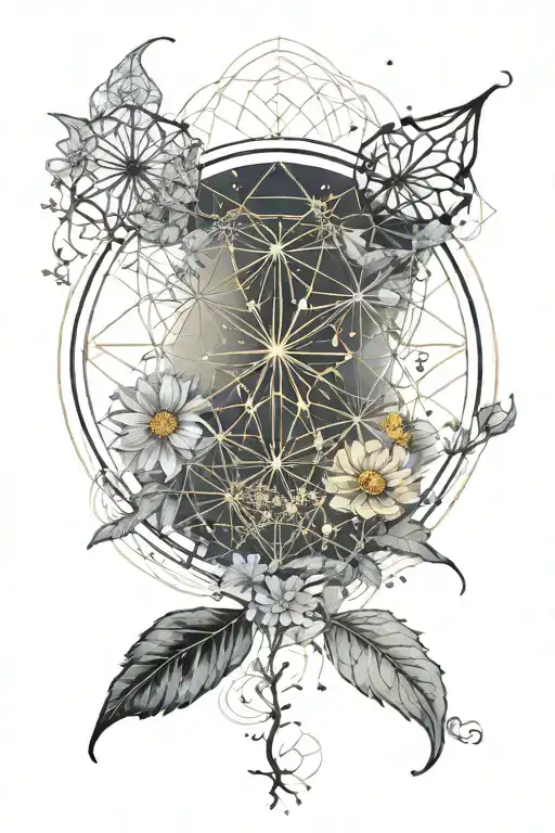A geometric pattern incorporating dandelions and the flower of life, golden compass tattoo design idea