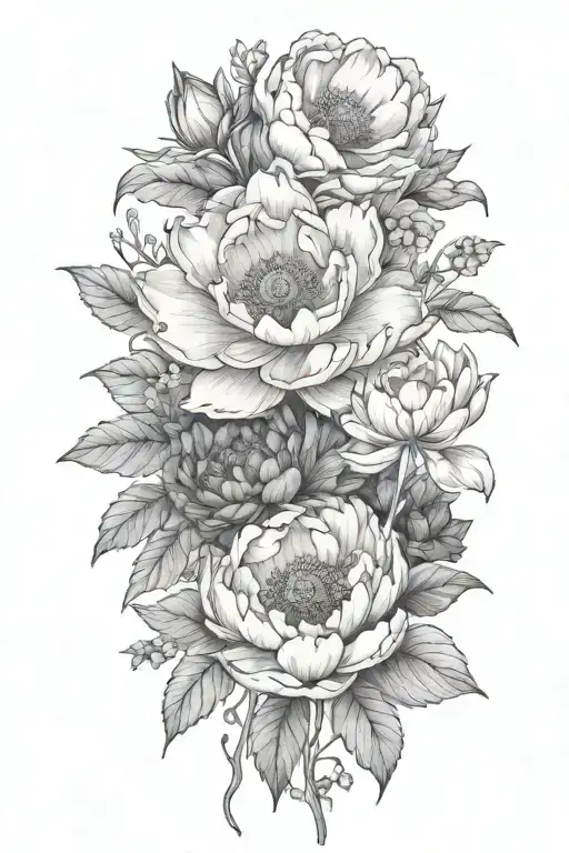 peony, daisy, lotus, myosotis, simple, vine wrapping tattoo design idea