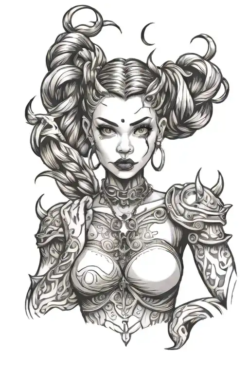cute devil girl with braided hair and showing chest tattoo design idea