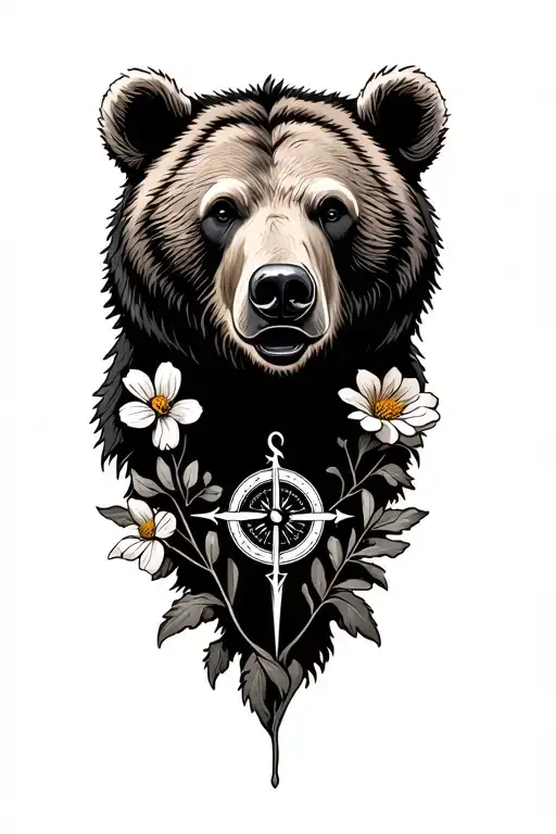 grizzly bear face with compass and flowers tattoo design idea