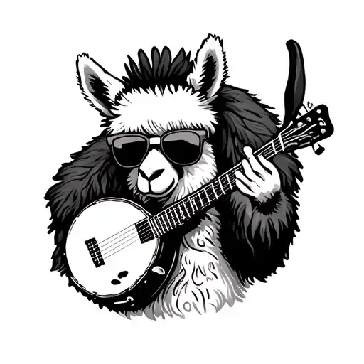 alpaca paying a banjo wearing sunglasses tattoo design idea