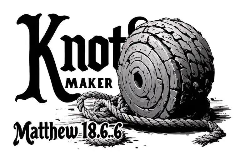 the word "Knotmaker", a weathered millstone with an untied rope through it, and Matthew 18:6 tattoo design idea