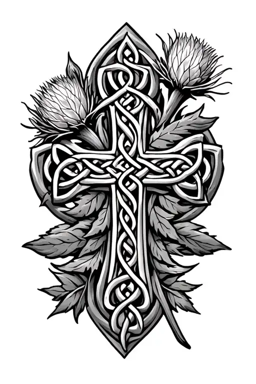 Celtic cross intertwined with scottish thistle tattoo design idea