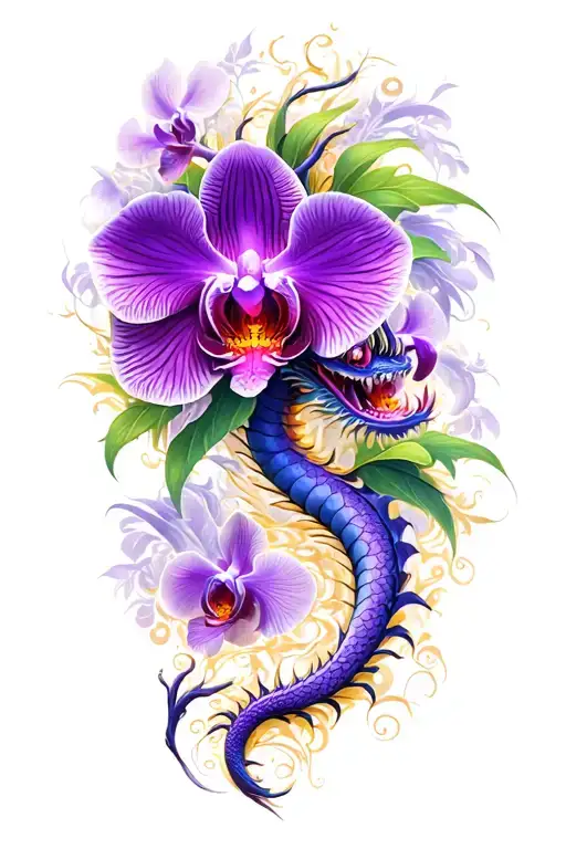 purple dragon and orchid thigh tattoo tattoo design idea