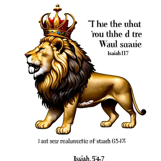 lion with crown Bible quote Isaiah 54:17 English  tattoo design idea