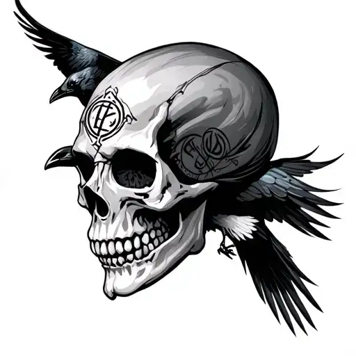 skull with runes and crow flying tattoo design idea