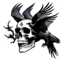 skull with runes and crow flying tattoo design idea