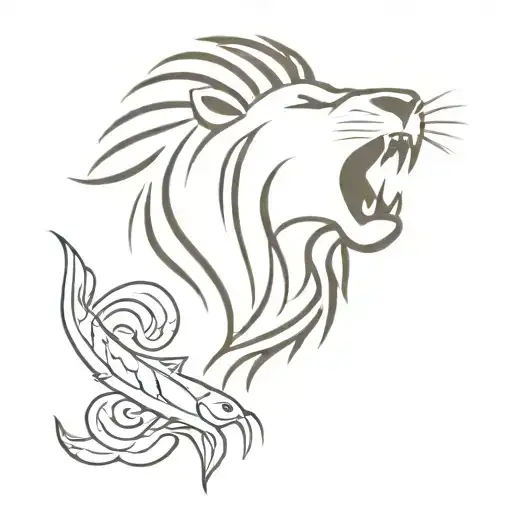 Lion with open mouth open, 3 fish swimming tattoo design idea