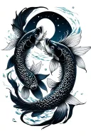 tui and la, two koi fish swimming around each other, ocean and moon spirits tattoo design idea