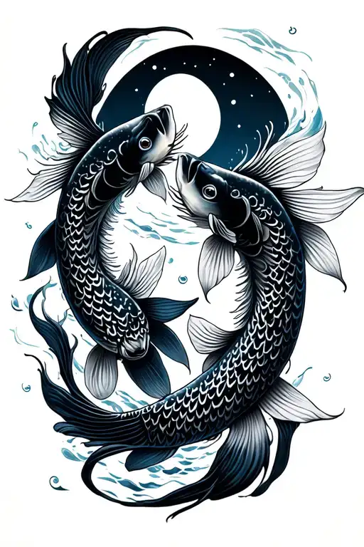tui and la, two koi fish swimming around each other, ocean and moon spirits tattoo design idea