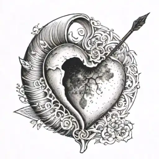 Half moon in the shape of a heart with a pencil as an arrow stuck in it tattoo design idea