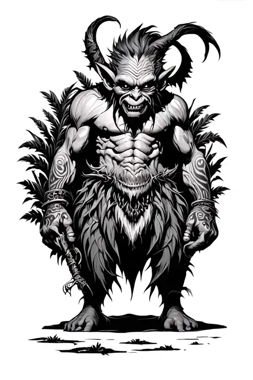Realitstic Troll Hunter from World of Warcraft with plug in the ears and a demonic face surrounded by jungle in thenight tattoo design idea