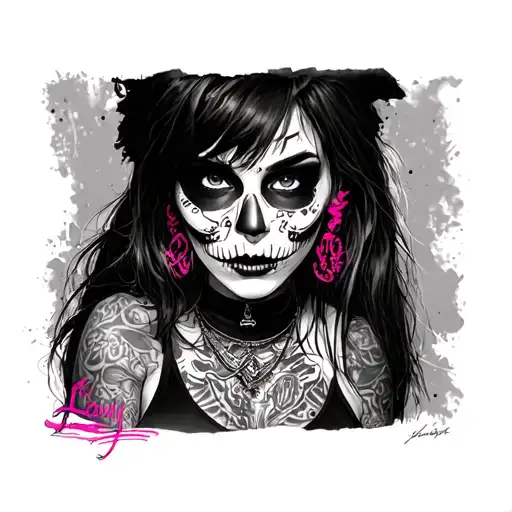 A woman with fullface gangster style with goth vibes sezy black and white and very little pink writing on her Locos101 tattoo design idea