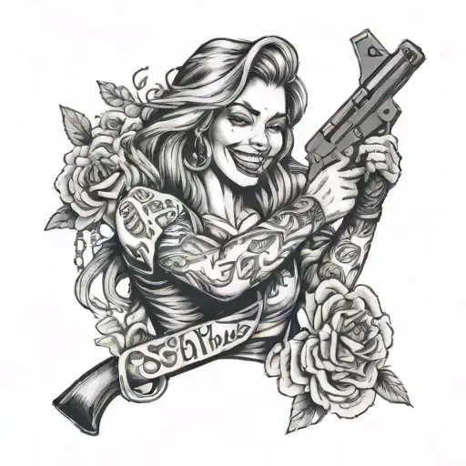 Smile Now Cry Later Mixed masculine woman with gun tattoo design idea