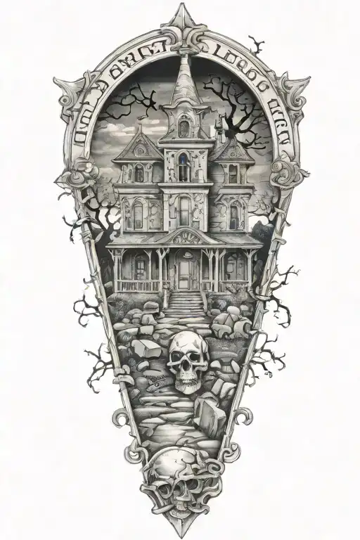 cemetary haunted house tattoo design idea