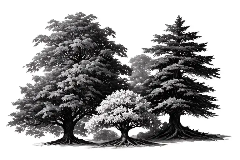 four druid trees, maple, linden and cedar with a jasmin bush tattoo design idea