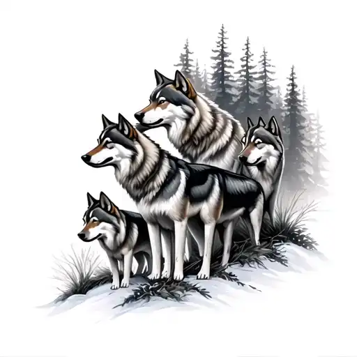 8 wolves in a forest scene tattoo design idea