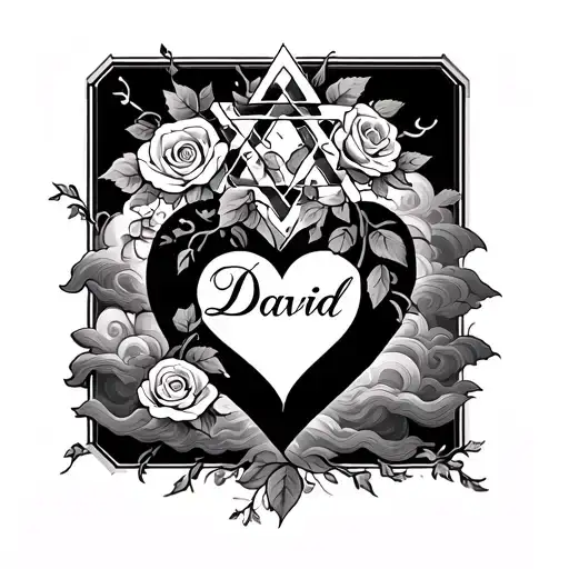 tattoo of the name David, inside a heart outlined by the star of david with roses and vines, shading of clouds tattoo design idea