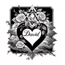 tattoo of the name David, inside a heart outlined by the star of david with roses and vines, shading of clouds tattoo design idea