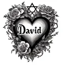 tattoo of the name David, inside a heart outlined by the star of david with roses and vines, shading of clouds tattoo design idea