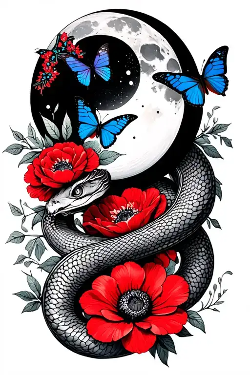 snake intertwining flowers red and blue and butterflies extend the head and add a moon with the snake head covering moon tattoo design idea